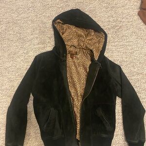 Danier Black Bomber Jacket with Leopard Lining